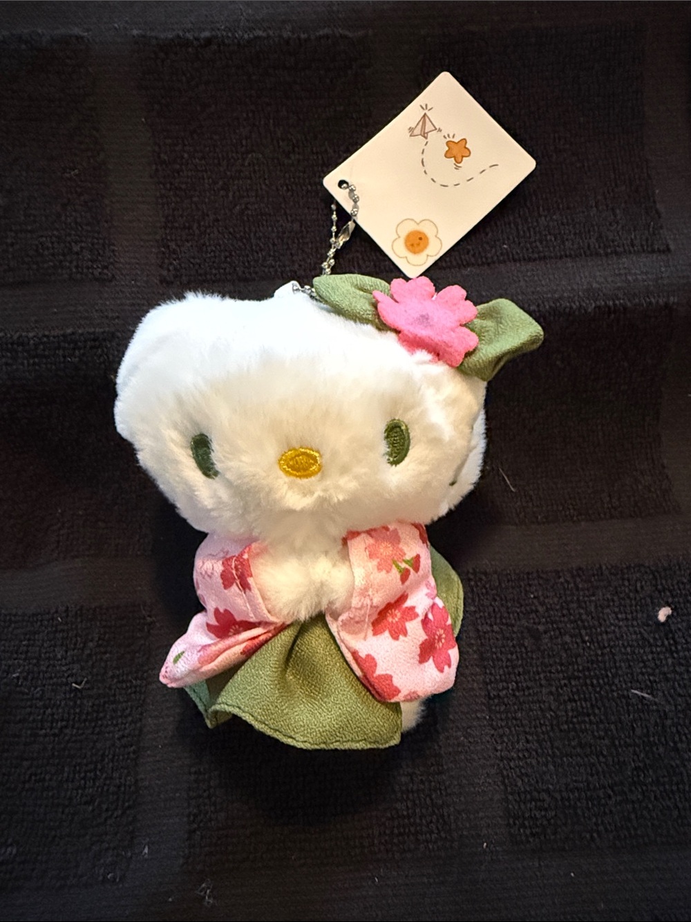 Cute Kitty Plush Keychain in White with Pink Floral Kimono & Green Accents